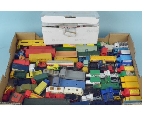 A box of mixed vintage Matchbox, Corgi and other make vehicles (playworn) with two boxed Eddie Stobart trucks