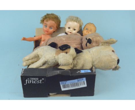 Three vintage plastic dolls including two Pedigree plus three Elderly stuffed toys including a mohair dog (all playworn)