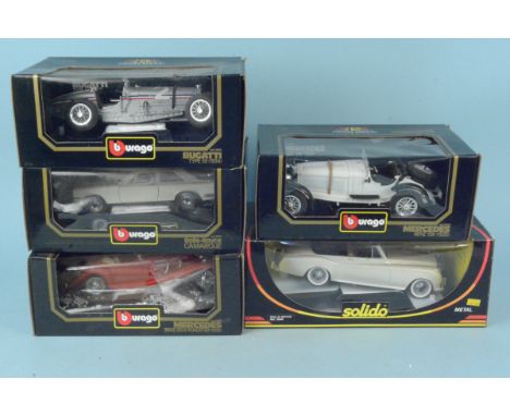 Five assorted boxed model cars by Burago to include Mercedes, Bugati and Rolls Royce