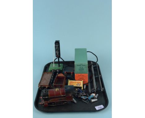 A Hornby Meccano clockwork engine and tenders, a boxed lumber wagon, track loose and boxed plus a Sel model 30 railway signal