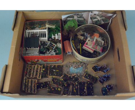 A selection of vintage Britains floral miniature gardens display, includes copy photograph of the collection fully built