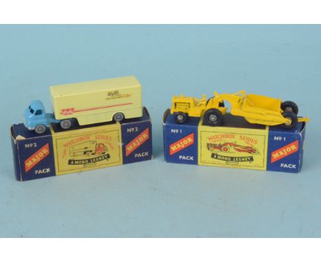 Vintage A Moko Lesney Matchbox Series vehicles, two 'Major' packs No.1 and No.2 tractor with trailer and Walls Ice Cream truc