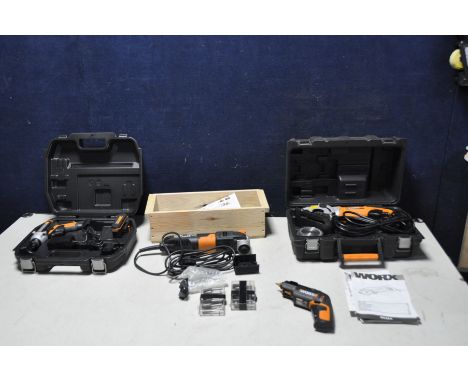 A COLLECTION OF WORX POWERTOOLS comprising of a box WX290.1 20v impact driver with one battery and charger, a WX424 240v cut 