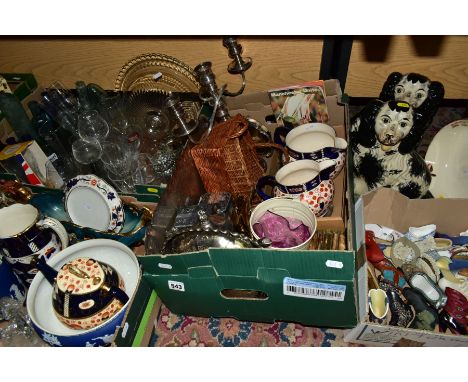 FOUR BOXES AND LOOSE CERAMICS, GLASS, METALWARES, PICTURES AND SUNDRY ITEMS, to include a box of ceramic and resin shoe ornam