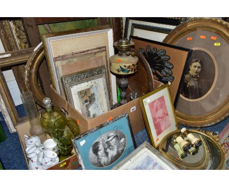 TWO BOXES AND LOOSE VINTAGE AND ANTIQUE FRAMES, OIL LAMP, CERAMICS, GLASSWARES AND SUNDRY ITEMS, to include approximately twe