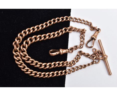 A 9CT ROSE GOLD ALBERT CHAIN, graduated curb link chain, fitted with a T-bar hallmarked 9ct gold Birmingham and two lobster h