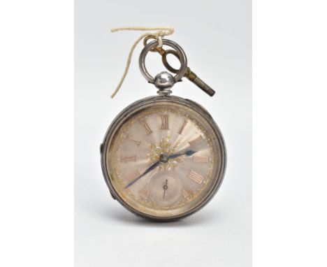 A LATE VICTORIAN SILVER OPEN FACE POCKET WATCH, silver and gold detailed floral dial, Roman numerals, seconds subsidiary dial