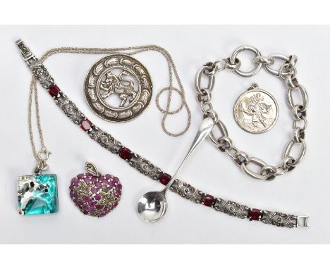 A BAG OF ASSORTED SILVER AND WHITE METAL JEWELLERY, to include a silver openwork brooch, of a circular form, hallmarked silve