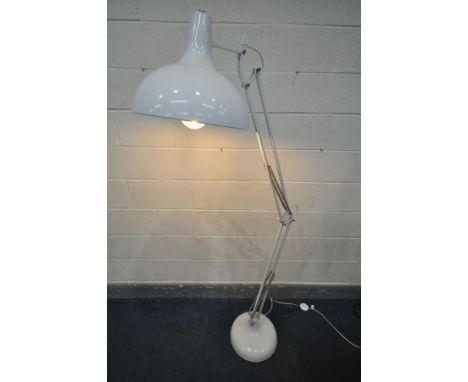 A MODERN WHITE ANGLE POISE STYLE FLOOR STANDING LIGHT, inside shade reading Tecton floor lamp