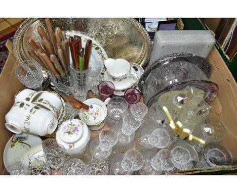 A BOX OF CERAMICS, GLASSWARE AND METALWARE, including a Royal Crown Derby 'Derby Posies' ginger jar and cover, height 11cm, a