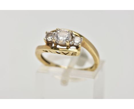 A 9CT GOLD CUBIC ZIRCONIA THREE STONE RING, designed with three colourless, circular cut cubic zirconia, each four claw set, 