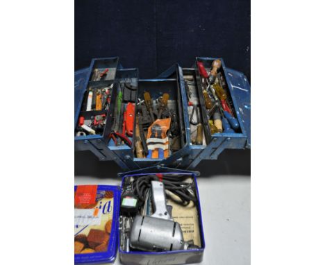 A METAL TOOLBOX containing various hand tools, screwdrivers, spanners, files etc along with a homemade wooden tool holder woo