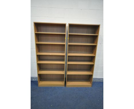 A PAIR OF MODERN BEECH OPEN BOOKCASES, width 79cm x depth 30cm x height 181cm (condition:-missing to shelf pins)