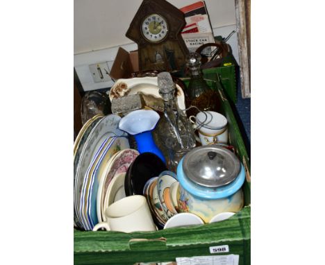 TWO BOXES OF CERAMICS, GLASSWARES, SPEEDWAY AND STOCK CAR RACING EPHEMERA, TINS AND SUNDRY VINTAGE ITEMS, to include an Evers