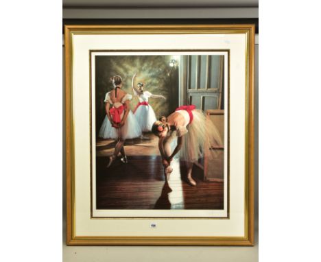 DOUGLAS HOFMANN (AMERICAN 1945) 'RED SASH', a signed limited edition print of ballet dancers 50/195, mounted framed and glaze