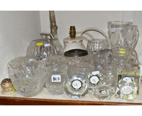 A COLLECTION OF CUT CRYSTAL AND OTHER GLASS WARES WITH TWO CERAMIC TABLE LAMPS ETC, to include a Royal Doulton Radiance squar