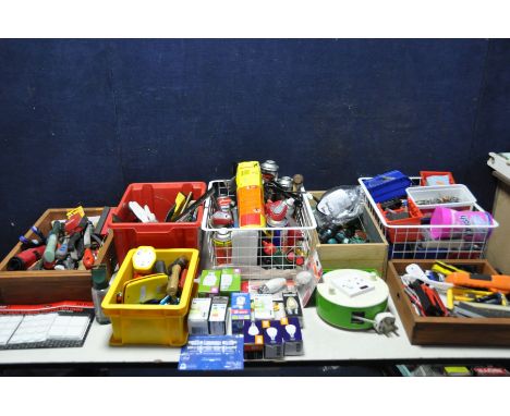 SEVEN TRAYS CONTAINING VARIOUS TOOLS AND SPARES to include battery powered lights, screws, screwdrivers, Allen keys, Wd40, ga