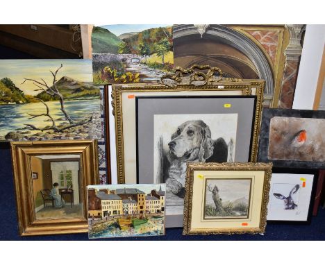 PAINTINGS AND PRINTS ETC, COMPRISING A DECORATIVE WOOD AND GLASS WALL HANGING DECORATED WITH BIRDS, approximate size 111cm x 