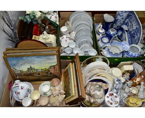 FIVE BOXES OF CERAMICS, PICTURES AND SUNDRY ITEMS, to include fifty six pieces of white silver rimmed dinner wares by various