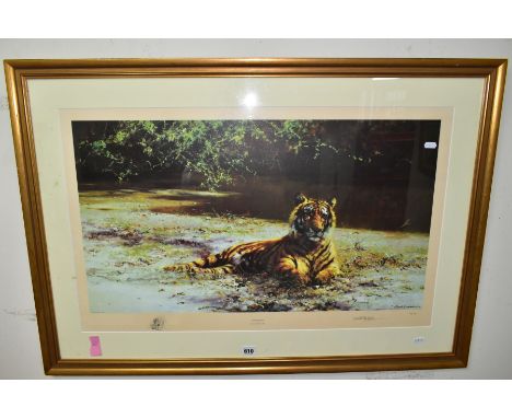 DAVID SHEPHERD (BRITISH 1930-2017) 'Indian Siesta', a signed Limited Edition print of a Tiger 85/1300, mounted, framed and gl