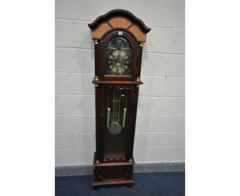 A MAHOGANY BENTIMA LONGCASE CLOCK, arched top with double weights, width 49cm x depth 22cm x height 182cm (two weights and pe
