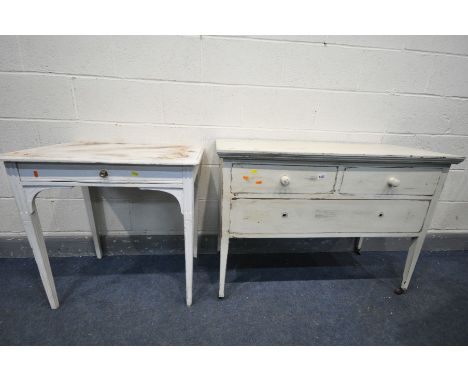 A PAINTED MAHOGANY CHEST OF THREE DRAWERS, on square tapering legs, width 107cm x depth 48cm x height 78cm (missing handles) 