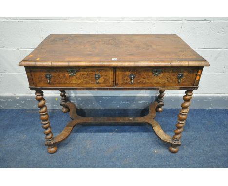 A WILLIAM AND MARY WALNUT, CROSSBANDED AND MARQUETRY INLAID SIDE TABLE, with two frieze drawers, on barley twist legs united 
