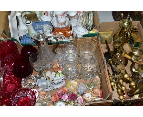 THREE BOXES AND LOOSE CRANBERRY GLASS, DRINKING GLASSES, ASSORTED CERAMICS, BRASSWARE, ETC, including six pieces of Wedgwood 