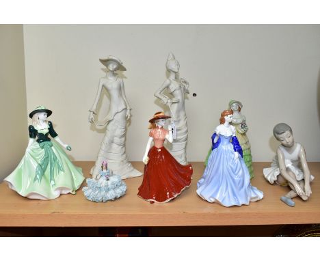 EIGHT ASSORTED CERAMIC LADY FIGURINES BY ROYAL WORCESTER, COALPORT, ETC, comprising Coalport Couture Collection 'Sateen' and 
