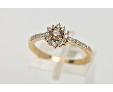 A 9CT GOLD DIAMOND CLUSTER RING, centring on a brown round brilliant cut diamond, within a surround of single cut diamonds le