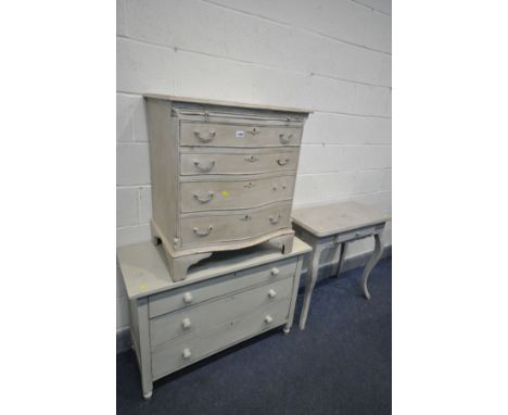 A PAINTED REPRODUDUCTION GEORIAN STYLE SERPENTINE CHEST OF FOUR GRADUATED DRAWERS with a brushing slide and bracket feet, wid