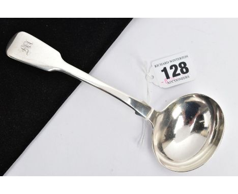 AN EARLY VICTORIAN SILVER SAUCE LADLE, fiddle pattern design, engraved initial 'M' to the handle, hallmarked 'James Beebe' Lo