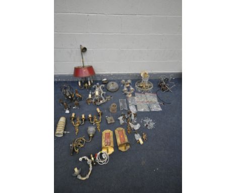 A LARGE QUANTITY OF LIGHTING, to include a brass four branch ceiling light with a shade, four other ceiling lights with glass