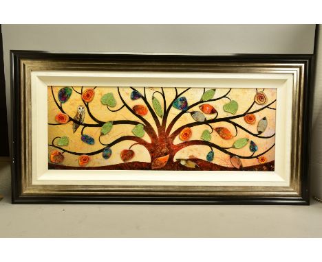 RUBY KELLER / PETER WORSWICK (BRITISH 1960) A 3D RESIN TREE OF LIFE WITH OWL, signed bottom left, mixed media on board, appro