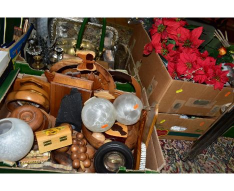 FIVE BOXES AND LOOSE METALWARES, TREEN, OIL LAMP, PICTURES AND ARTIFICIAL FLOWERS, to include wooden bowls, plates, boxes, ca