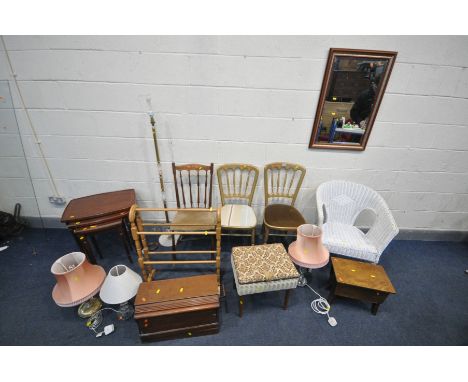 A QUANTITY OF OCCASIONAL FURNITURE, to include two banqueting chairs, Edwardian style chair, a wicker basket chair, an onyx a