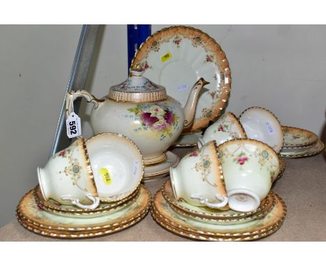 A VINTAGE ROYAL ALBERT CROWN CHINA TWENTY FIVE PIECE PART TEA SET, comprising two cake plates, seven tea plates, six teacups,