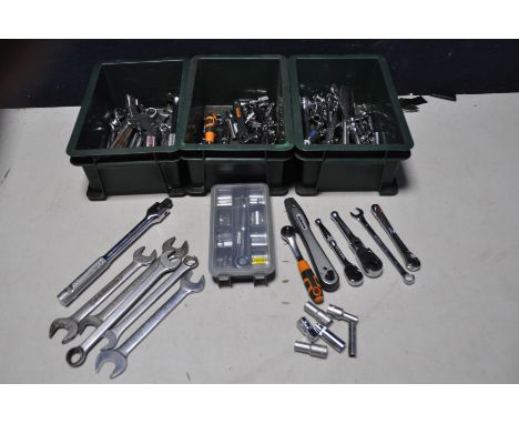 THREE TRAYS CONTAINING TOOLS to include various ratchet spanners, open end spanners and sockets all by company's such as Brit