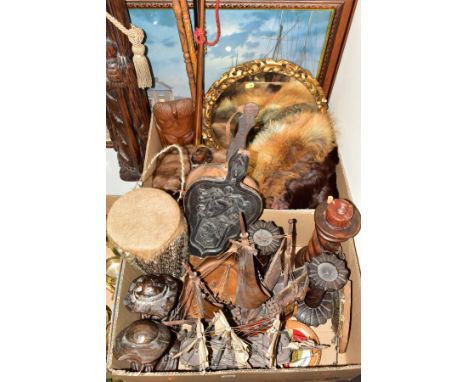 TWO BOXES AND LOOSE TREEN, FURS, MODEL SHIPS, FRAMED RODNEY CHARMAN PRINT, ETC, including a pair of carved and stained wood a