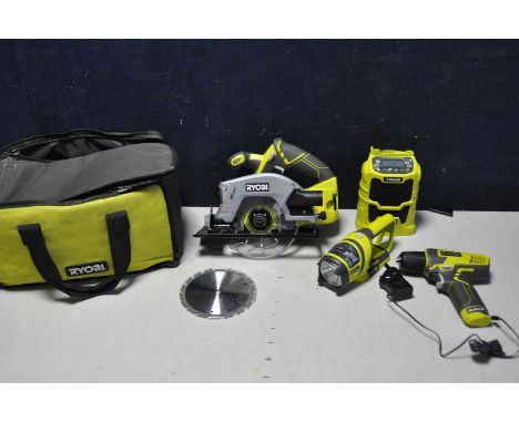 A RYOBI CIRCULAR SAW RWSL1801 (no battery or charger) along with RYOBI R18R Bluetooth radio, RYOBI RFL180M 18v krypton lamp a