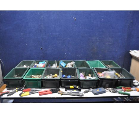 FOURTEEN LAND ROVER AND BEL STORE BINS CONTAINING TOOLS locks, Bahco Adjustable spanner, vice grips, padlocks, G clamps etc