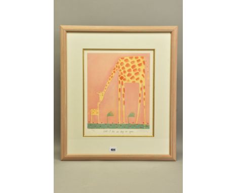MACKENZIE THORPE (BRITISH 1956) 'WILL I BE AS BIG AS YOU' A SIGNED LIMITED EDITION PRINT, depicting a giraffe and calf, 25/85