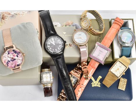 A SELECTION OF WATCHES, nine watches men's and women's, names including Citizen and Swatch, also including a boxed Olivia Bur