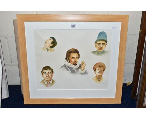 PAINTINGS AND PRINTS ETC, COMPRISING WATERCOLOUR PORTRAITS OF ROWAN ATKINSON, signed Elliot, pen and ink sketches of Max Wall