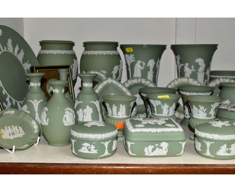 THIRTY EIGHT PIECES OF WEDGWOOD JASPERWARE, with a pale green jug with stamped mark Dudson, Hanley, height 20.5cm, Wedgwood p