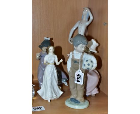 A ROYAL DOULTON FIGURE 'SENTIMENTS GREETINGS' HN4250, THREE NAO FIGURES AND ANOTHER SIMILAR, the three Nao figures modelled a