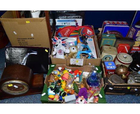 FOUR BOXES AND LOOSE OLYMPIC MEMORABILIA, VINTAGE TINS, TOYS, PICTURES, CLOCK ETC, to include commemorative items from the Lo