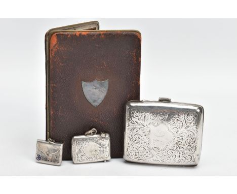 A SILVER CIGARETTE CASE, VESTA, STAMP HOLDER AND A DOCUMENTATION HOLDER, the cigarette case with a scroll and floral design, 