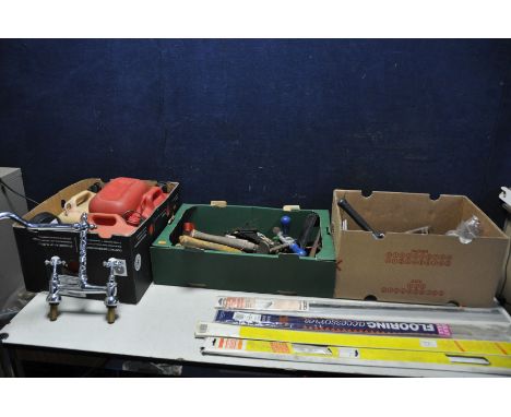 THREE TRAYS OF VARIOUS TOOLS to include two boxes of  garden tools, garden snips, saws, hammers etc a box of petrol cans, doo