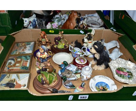 TWO BOXES OF CERAMIC ORNAMENTS ETC, to include two Lladro geese, a Crown Devon terrier height 12cm, Hummel figurines Just Res